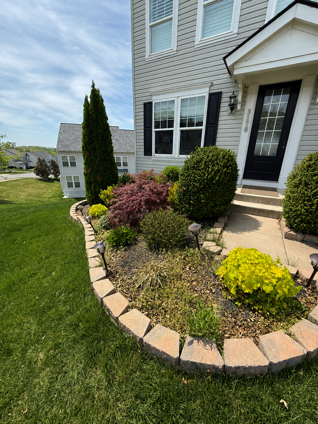 Front landscaping bed before renovation — existing shrubs and stone edging